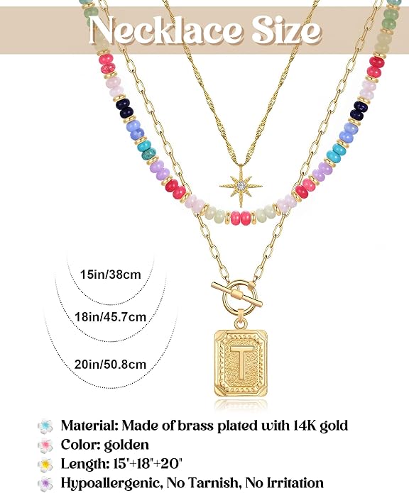 MJartoria Layered Initial Necklaces for Women Trendy, 14K Gold Plated Brass Simple Star Choker Square Letter Pendant Necklace, Colorful Beaded Necklaces Jewelry Gifts