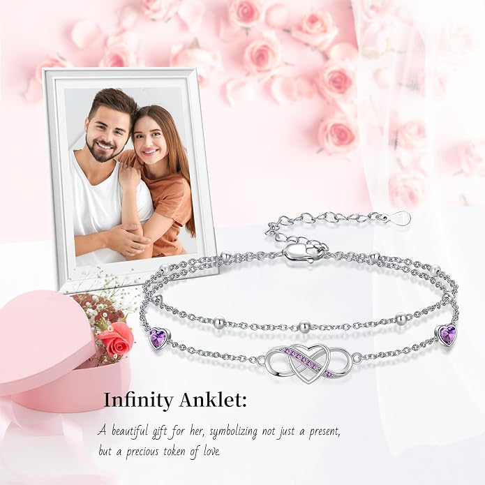 Anklet for Women 925 Sterling Silver Double Infinity Ankle Bracelet Waterproof Summer Jewelry Anniversary Birthday Gifts for Her