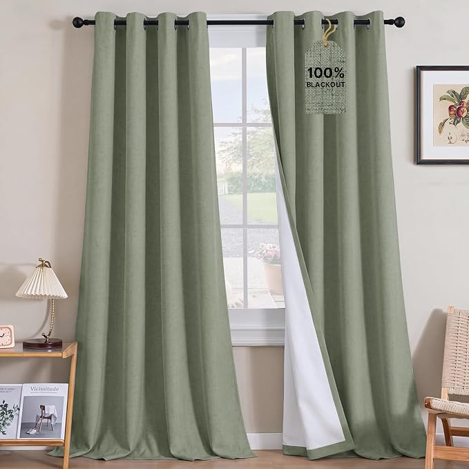 H.VERSAILTEX Linen Curtains 100% Blackout Curtains for Bedroom 120 inch Long Full Light Blocking Nature Linen Blended Window Curtains for Living Room Nickel Grommet (2 Panels, Heathered Dried Sage)