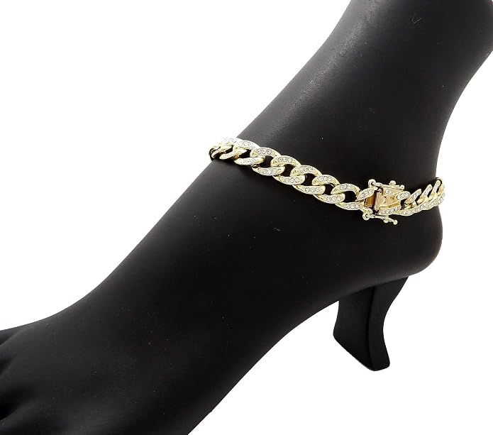 Fashion 21 Women's Stone Filled 10mm, 12mm Various Length Box Lock Cuban Chain Anklet