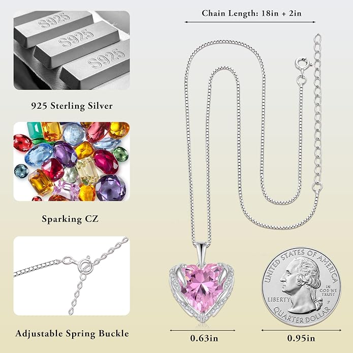 Angel Wings Necklace for Women 925 Sterling Silver Cubic Zirconia Love Heart Birthstone Pendant Necklaces