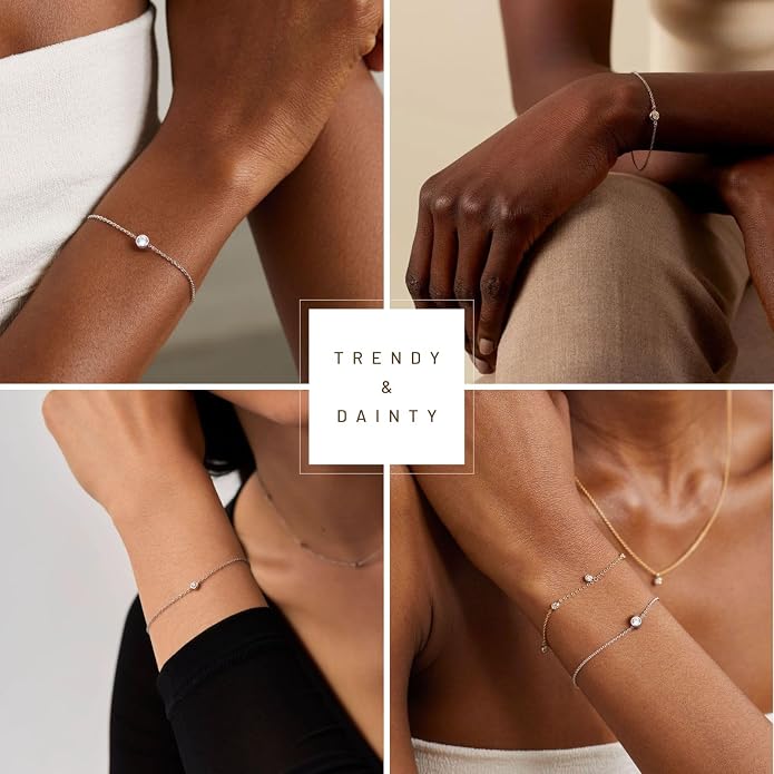 NOKMIT Solid 925 Sterling Silver Bracelets for Women, Dainty Interlocking Circles Cubic Zirconia Adjustable Chain Bracelet, Trendy Stackable Link Bracelets, Simple Cute Jewelry Gifts