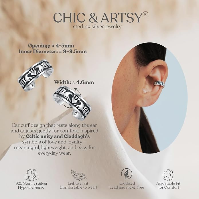 CHIC & ARTSY 925 Sterling Silver Ear Cuffs for Women, Non Piercing Clip On Cartilage Cuffs, Adjustable Fake Conch & Helix Earrings, Gold Plated & Oxidized Various Styles