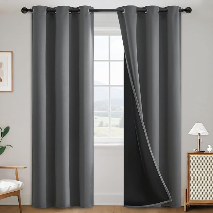 SimpleHome Grey 100% Blackout Curtains Room Darkening Living Room 84 Inch | Curtains for Bedroom,Thermal Insulated Grommet Window Drapes,Curtains for Living Room with Black Back,38 x 84 Inch,2 Panels