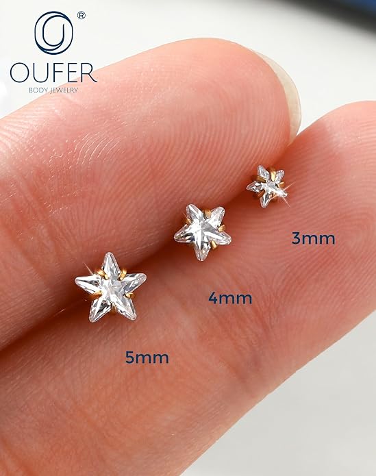 OUFER 18G 6/7/8MM Flat Back Cartilage EarRings-3PCS Gold Titanium Extended Internally Threaded Lip Piercing 2/3/4MM Round Clear CZ Helix Piercing Jewelry
