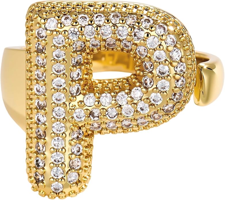 Cicy Bell Initial Rings for Women 14k Gold Plated Cubic Zirconia Delicate Letter Chunky Statement Open Rings Gifts for Her