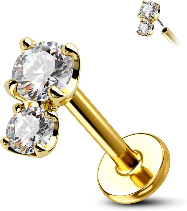 Cocharm 14K Gold Cartilage Earring 16g Real Gold Flat Back Helix Piercing Jewelry Push Pin Tragus Conch Stud for Women Men