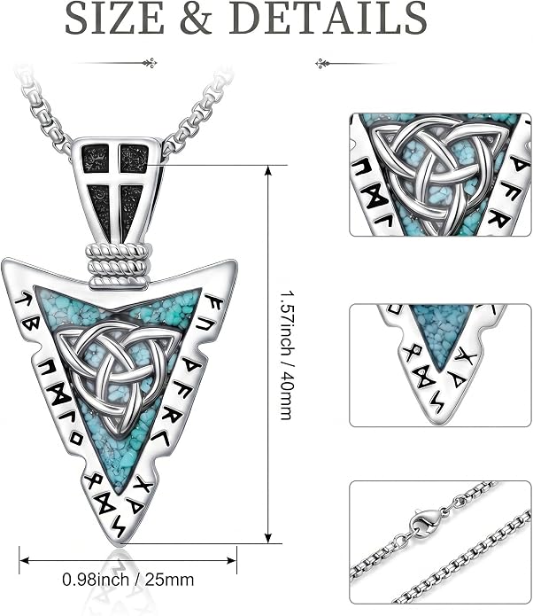 Viking Turquoise Arrowhead Necklace for Men Celtic/Evil Eye/Ankh/Valknut/Compass Arrow Head Pendant Fathers Day Birthday Gifts