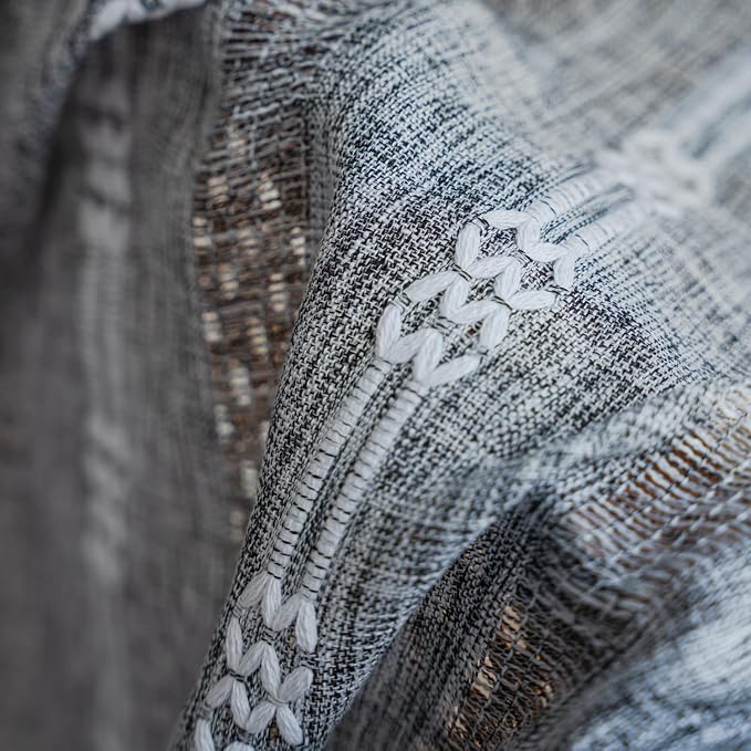 ColorBird Boho Curtains for Bedroom Living Room Linen-Textured Grey 63 Inch Length Farmhouse Light Filtering Neutral Embroidered Striped Linen Drapes 2 Panels Window Treatment