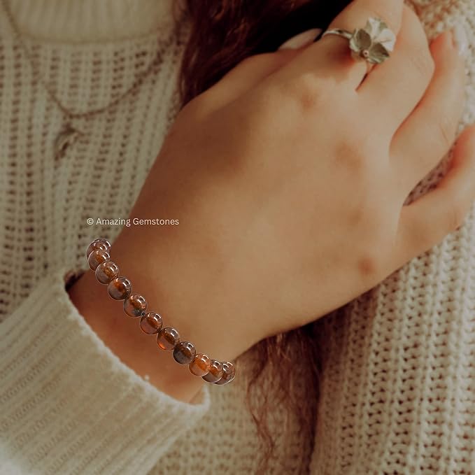 Amazing Gemstone Hessonite Garnet Bracelet, Gifts for Men & Women - Protection Healing Crystal Bracelet - 8mm Gemstone Beaded Adjustable Bracelet, Pulseras para Hombres Mujer Stocking Stuffers