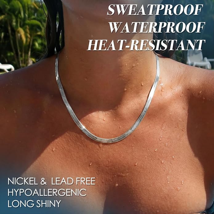 WomenGifts 14K Gold Silver Plated Herringbone Necklace for Women, Dainty Snake Chain Choker, Trendy Simple Long Layered Jewelry Non Tarnish, 3/4/5/8mm,14,16,18,20,22,24,26 Inch Thin & Chunky Options