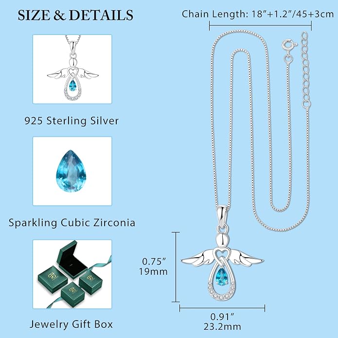 FJ Guardian Angel Necklace 925 Sterling Silver Birthstone Pendant Angel Jewelry Gifts for Women