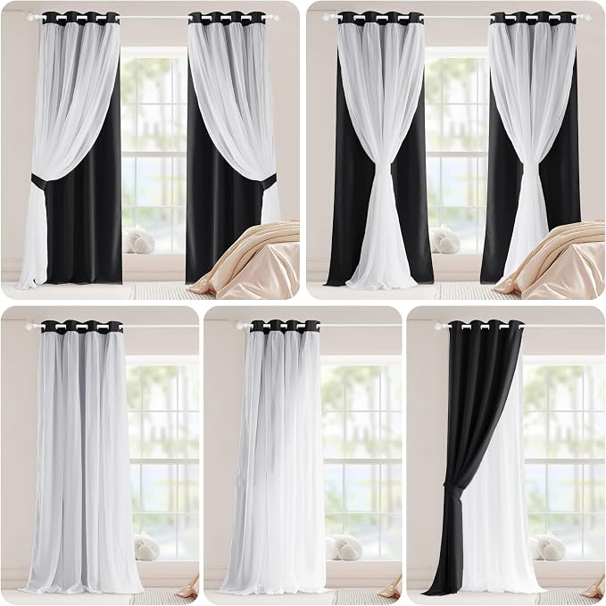 PONY DANCE Black Curtains for Bedroom - Decorative Window Curtains Double Layered Blackout Drapery White Crushed Sheers Panels Set for Living Room, 52 W x 84 L, Set of 2