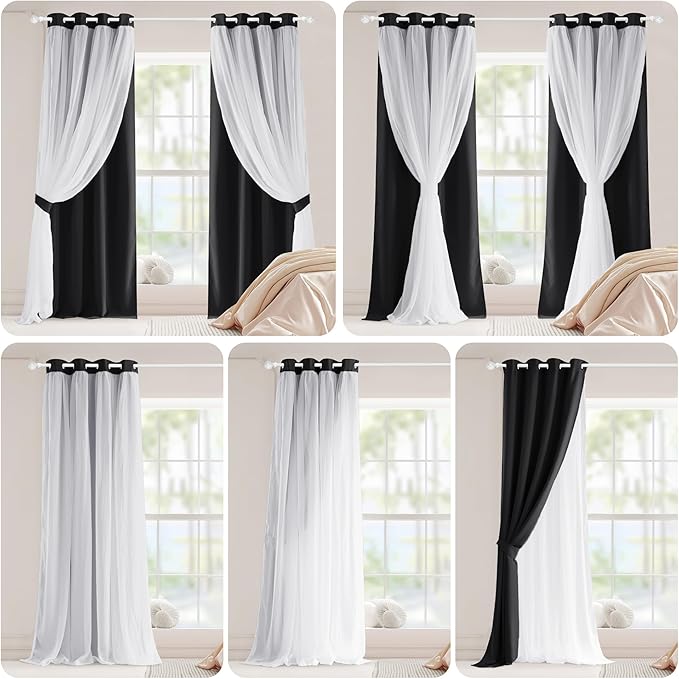 PONY DANCE Black Blackout Curtains with Sheer Overlay, Thermal Insulated Privacy Mix & Match Double Layer Room Darkneing Curtains for Bedroom, Living Room, 2 Window Panels with Tiebacks, 52W X 90L