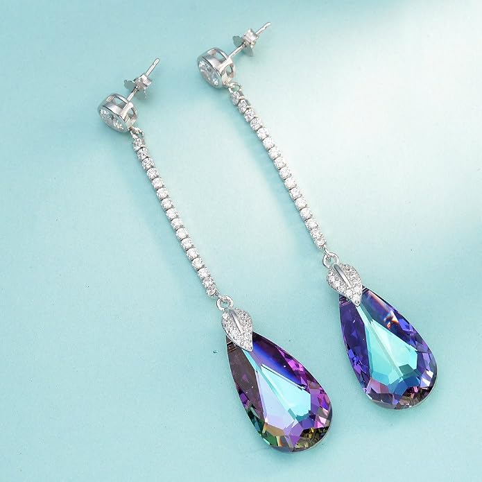 EleQueen 925 Sterling Silver CZ Teardrop Leaf Long Dangle Earrings Made with Austrian Crystal for Women, Valentine's Day/Mother's Day/Christmas Jewelry Gift