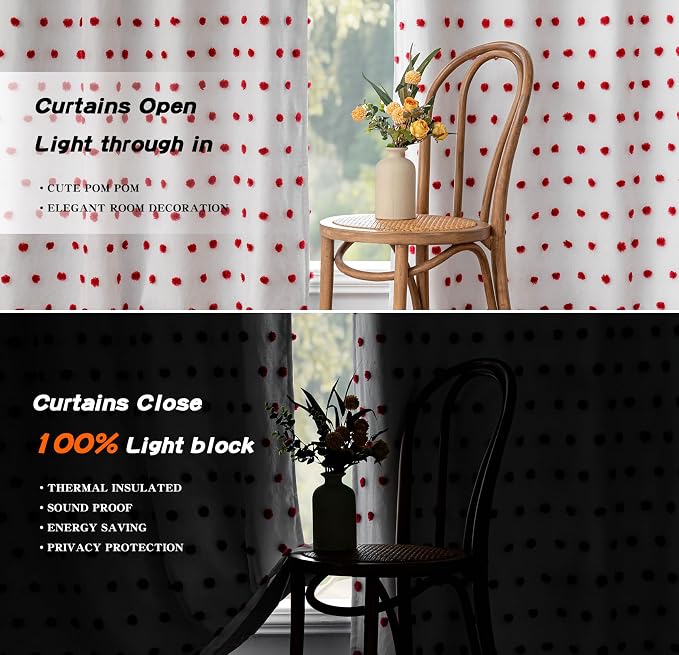 MYSKY HOME Blackout Curtains for Girls Bedroom with Red Pom Pom Sheer 90 Inch Long Total Light Blocking Curtains for Living Room 2 Panels 100% Room Darkening Grommet Double Layer Drapes 52" x 90"