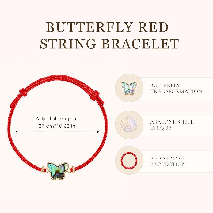 Red String Bracelet for Women, Genuine Abalone Shell Butterfly Charm, Handwoven Adjustable Cord, 14K Gold Filled Accent, Minimalist Friendship Jewelry Gift