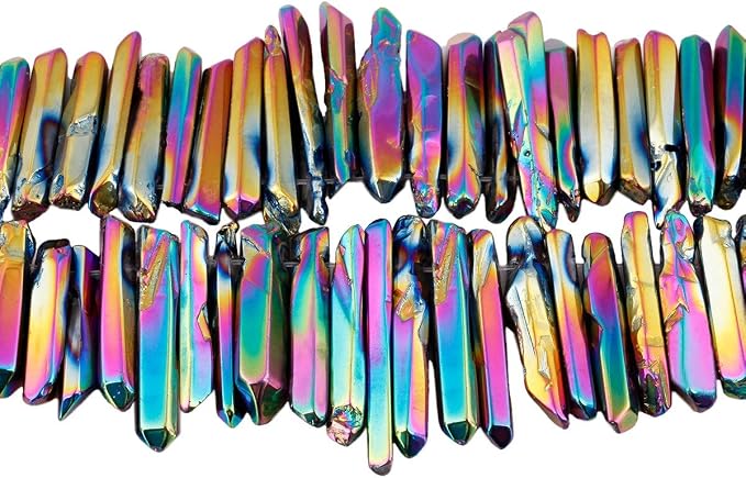 TUMBEELLUWA Rock Quartz Crystal Points Loose Beads for Jewelry Making, Titanium Coated Polished/Raw Quartz Beads 15 Inches Top Drilled,Rainbow Crystal Points(0.5"-1.6")