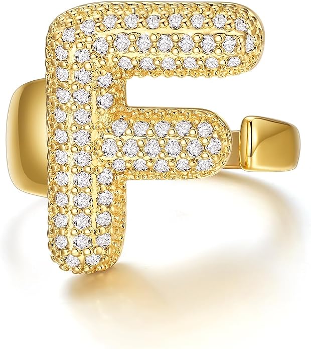 KeyStyle Bold Initial Letter Rings Adjustable, GoldChic Jewelry Women Gold Statement Ring Personalized Engraved Women’s Open Signet Ring for Party (Gold, White Gold, Black)