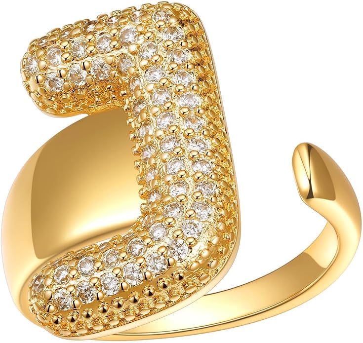 FindChic Initial Ring for Women, Gold Plated Chunky Letter Rings Open Adjustable Trendy Sparkling Cubic Zirconia Personalized Statement Rings Jewelry Gift