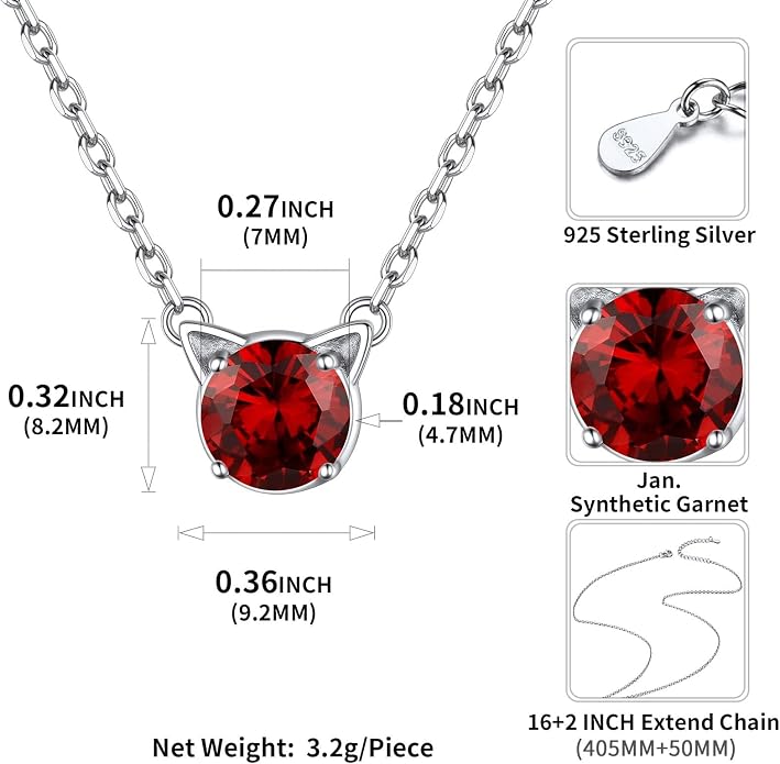 ChicSilver Bow and Cat Birthstone Necklace, 925 Sterling Silver Pendant Necklaces for Women, Hypoallergenic Silver Choker with 16 inch Rolo Chain, 12 Months Jewelry for Valentines Mothers Day Christmas
