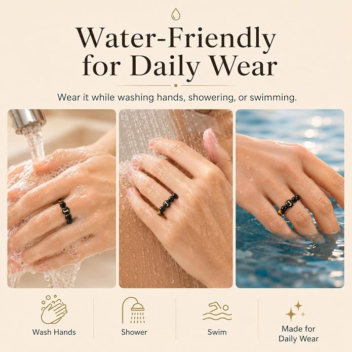 Initial Ring for Women, Black Onyx Beaded Stretch Letter Ring | Personalized-style A-Z initial ring with black onyx beads, shell letter bead, stretch fit, and gift-ready box
