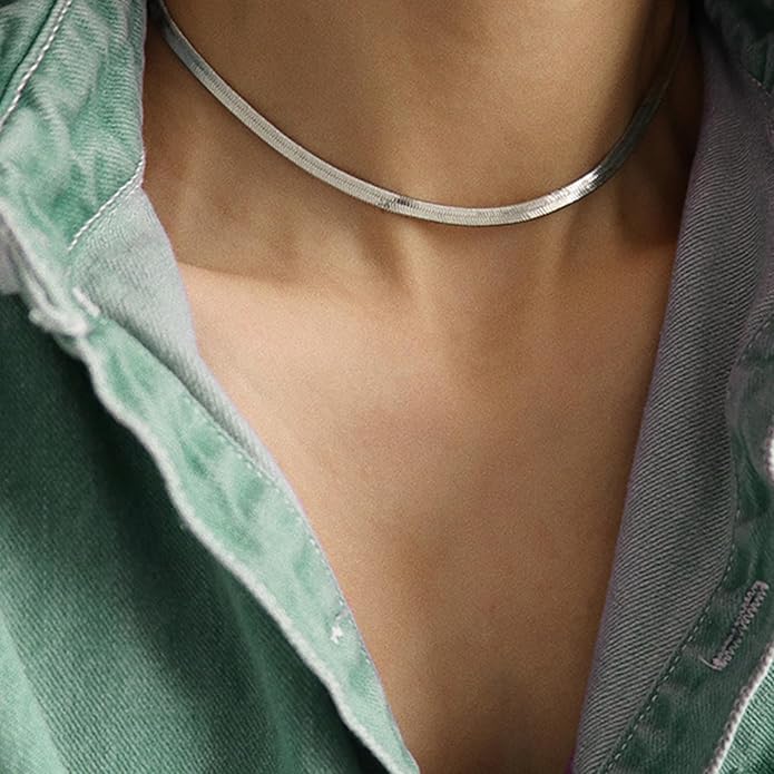 Gold Herringbone Necklace For Women - Rope Chork,Flat Snake Chain Necklaces in 18K Gold & White Gold Plated Tone - Simple Daily Jewelry-Tarnish Free-16-18in