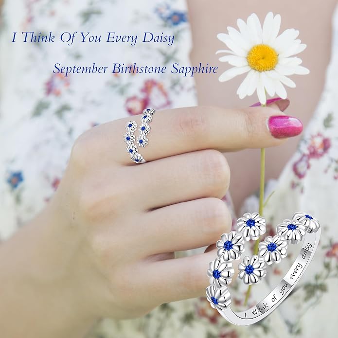 Dainty Daisy Ring for Women, S925 Sterling Silver Cubic Zirconia Sunflower Flower Ring For Daughter, I Think Of You Every Daisy Ring, Birthstone Flower Ring