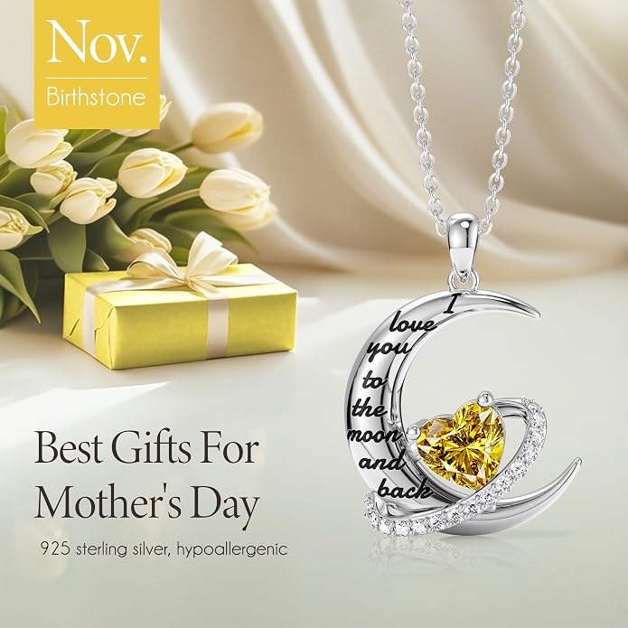 Distance I Love You to The Moon and Back Necklace for Women, S925 Sterling Silver Forever Love Heart Birthstone Necklace, Anniversary Birthday Jewelry for Wife Lover