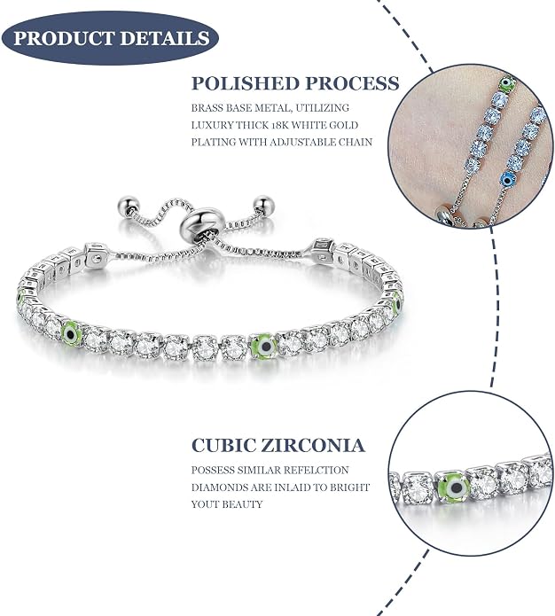 Silver Bracelets for Women, Dainty Evil Eye Bracelets Adjustable Lucky Amulet Chain Bracelet Sparkly Rhinestone Tennis Bracelet Protection Jewelry Gifts for Her Mom Wife Friend
