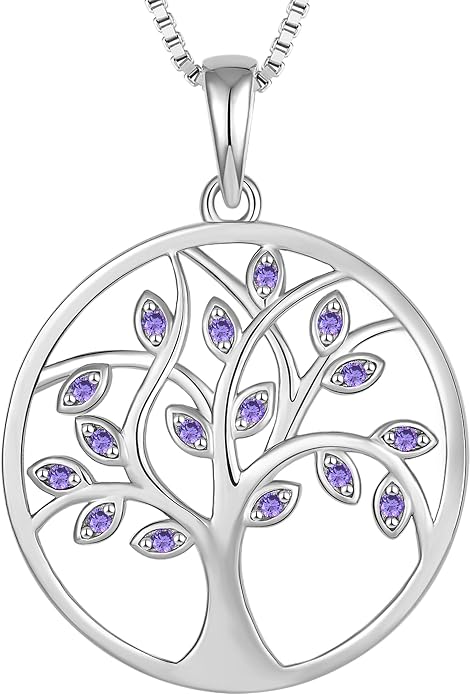 YL 925 Sterling Silver Tree of Life Necklace for Women Round Tree Pendant Birthstone Jewelry for Mom
