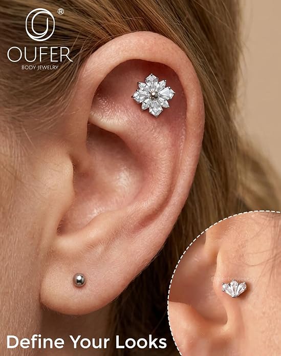 OUFER Body Piercing Titanium Cartilage Earrings 16G Flower Helix Earrings for Women Internally Thread Tragus Piercing Jewelry 8MM Conch Helix Tragus Stud Flat Back Cartilage Piercings for Women