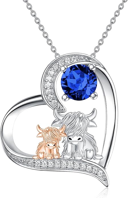 Highland Cow Gifts for Women 925 Sterling Silver Highland Cow Birthstone Necklace Fluffy Cow Jewelry Gifts Birthday Christmas