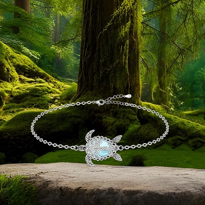 Fenthring Turtle Anklet S925 Sterling Silver Blue Opal Sea Turtle Ankle Bracelets for Women Infinity Wave Ocean Beach Summer Foot Bracelet Jewelry Layered Adjustable