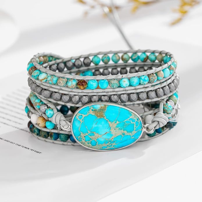 Plumiss Women Boho Handmade Natural Stone Crystal Leather Bead Wrap Bracelets Collection