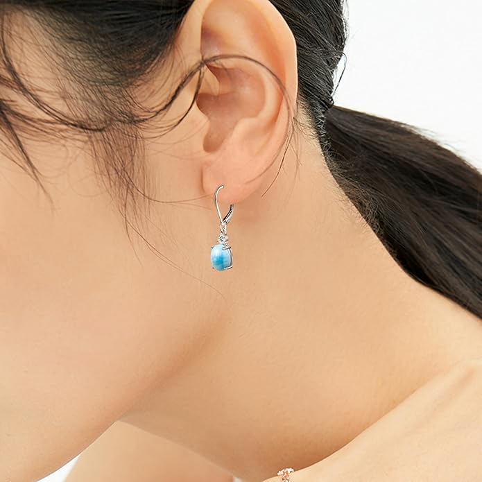 MDFUN 925 Sterling Silver Natural Larimar Earrings for Women Hypoallergenic Dangle Drop Blue Gemstone Leverback Jewelry