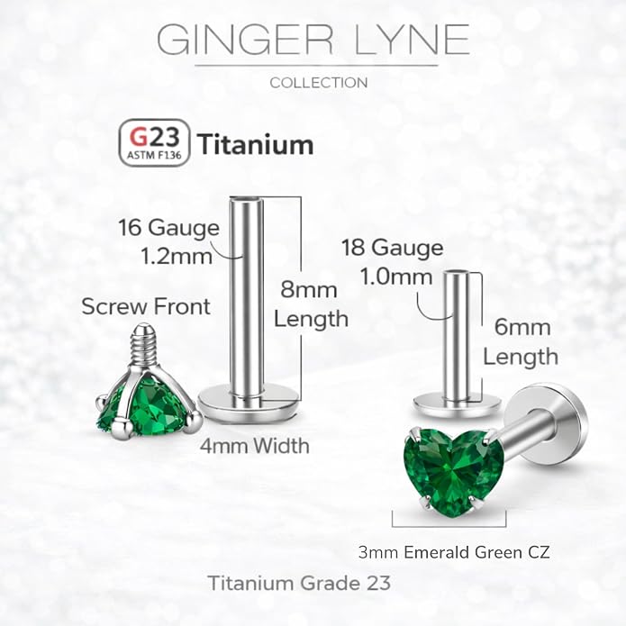 Titanium Heart CZ Labret Stud Earrings for Piercings by Ginger Lyne 6Pc Set G23 Screw Front Flat Back Body Jewelry 2 pair post 6mm, 8mm Cartilage, Helix, Tragus, Lip, Conch, Lobe