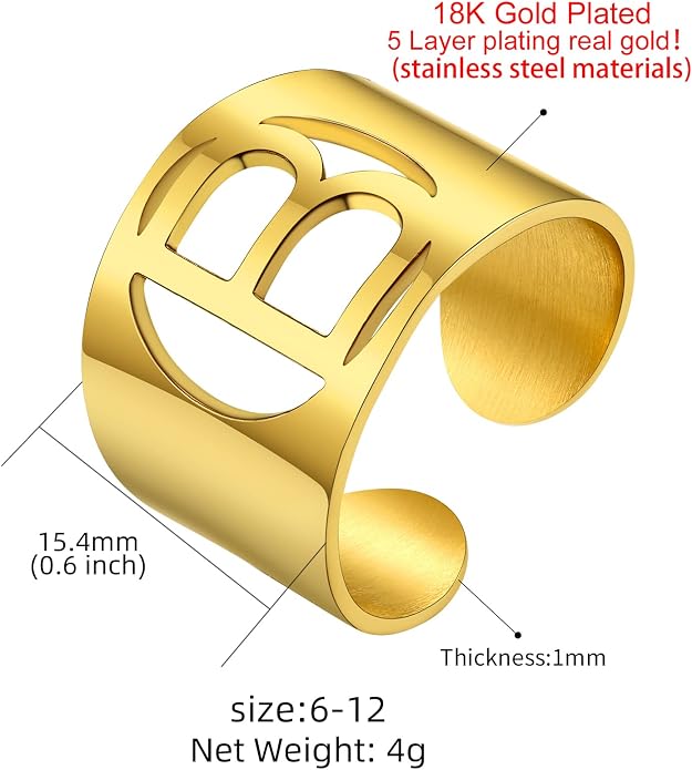 KeyStyle Bold Initial Letter Rings Adjustable, GoldChic Jewelry Women Gold Statement Ring Personalized Engraved Women’s Open Signet Ring for Party (Gold, White Gold, Black)