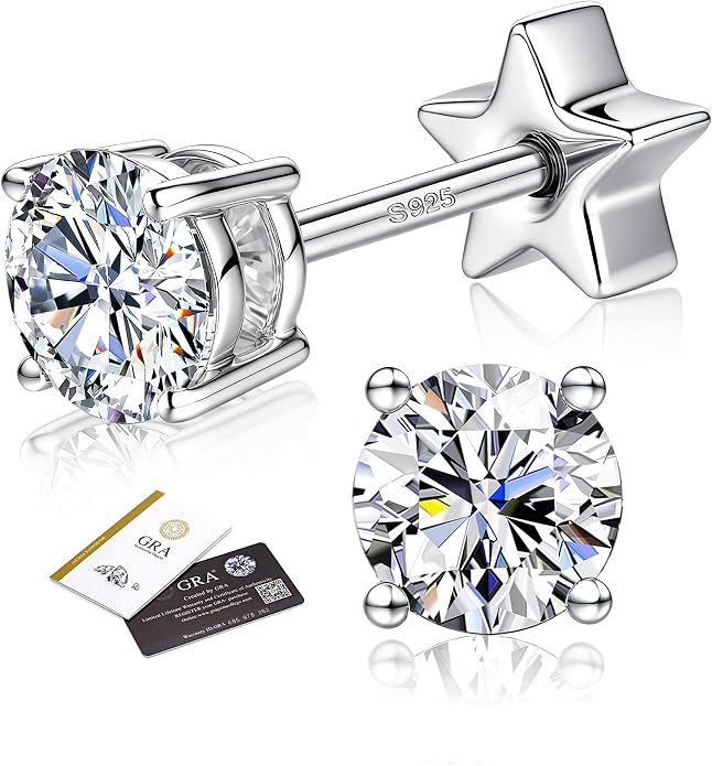 Moissanite Earrings Studs - 925 Sterling Silver Earrings for Women Men 14K Gold Plated Double Sided Star Flat Back Stud Earring Hypoallergenic Small Cartilage Helix Piercing Jewelry D Color VVS1