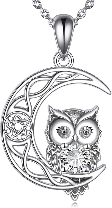 Owl Birthstone Necklace Sterling Silver Celtic Moon Pendant Cubic Zirconia Owls Jewelry Birthday Gifts for Women Men