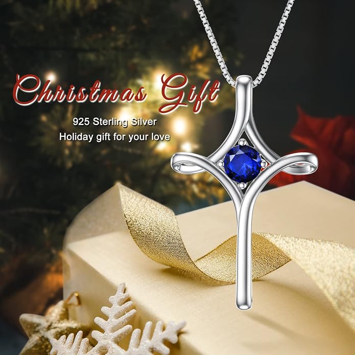 TOUPOP Cross Necklace for Women 925 Sterling Silver Birthstone Cross Pendant Fine Jewelry Anniversary Birthday Mothers Day Gifts for Mom Wife Her