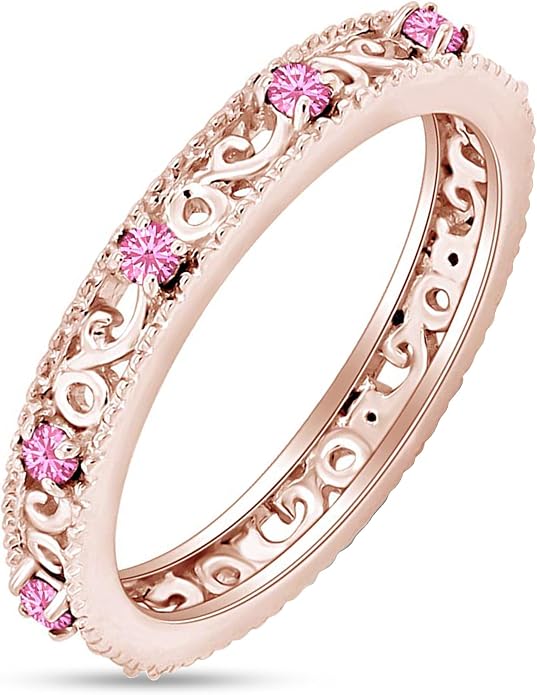 Jewel Zone US Filigree Eternity Wedding Band Ring for Women, Round Cut Simulated Gemstone Stackable Promise Ring in 14K Gold Plated 925 Sterling Silver Band Width 3.5mm – Elegant Jewelry for Her