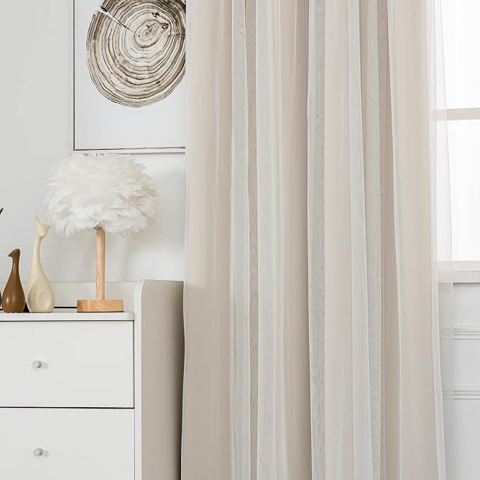 INLINAS Beige Blackout Curtains with Sheer Overlay - Grommet Top Thermal and Noise Reduction Panels for Bedroom and Living Room Light Blocking and Energy Saving, 37 x 84 Inches, Set of 2
