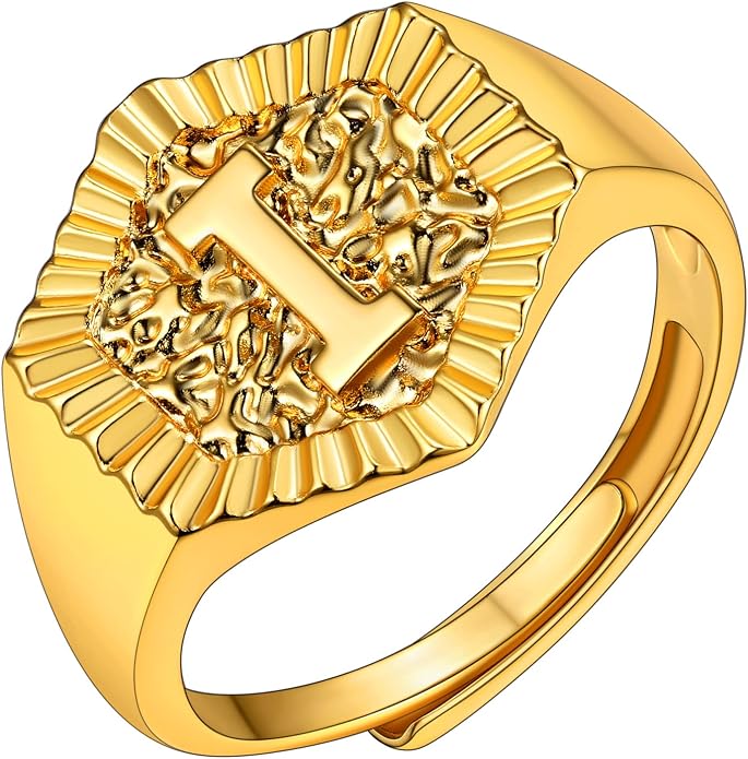 KeyStyle Bold Initial Letter Rings Adjustable, GoldChic Jewelry Women Gold Statement Ring Personalized Engraved Women’s Open Signet Ring for Party (Gold, White Gold, Black)