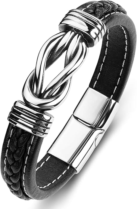 Mens Leather Bracelet,Braided Leather Wristband Cuff Bracelets Stainless Steel Clasp,Jewellery Gift for Men