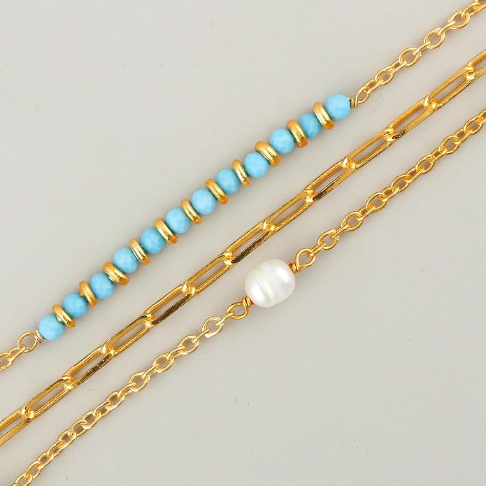Beads With Pearl 3 Layered Necklaces for Women 14k Gold Plated Dainty Stackable Choker Necklaces for Women Trendy Layering, Cuban Link, Paperclip Chain, For Women Gifts