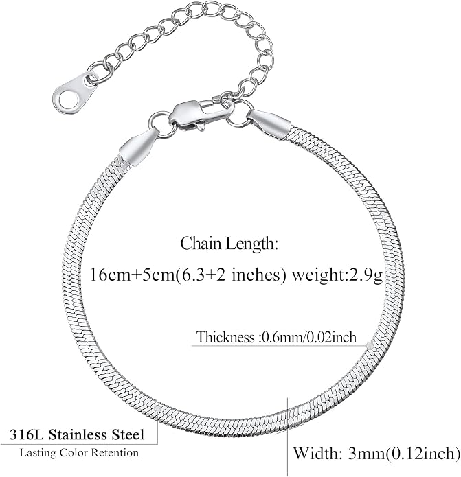 FindChic Elegant Herringbone Snake Chain Anklets/Bracelets 3MM/5MM Width Stainless Steel/18K Gold/Rose Gold Plated/Black 4 Color Options, 8.3'' 8.5'' 10.5'' Length, with Gift Box