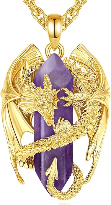 INFUSEU Unique Dragon Necklaces with Healing Crystal Stone for Men Women, Personalized Spiritual Gifts, 24 Inch Chain