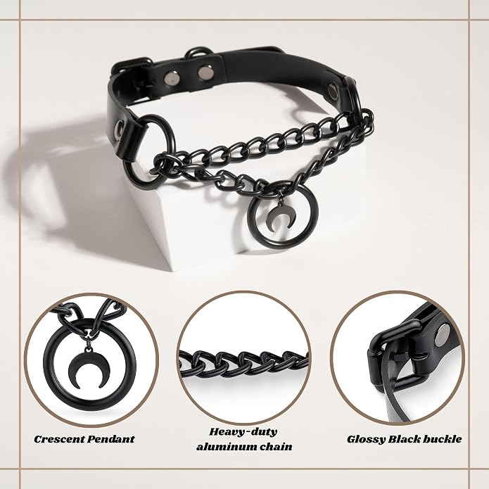 Black Gothic Chain Choker with O-ring and Moon Pendant, Punk Grunge Emo Leather Necklace For Women