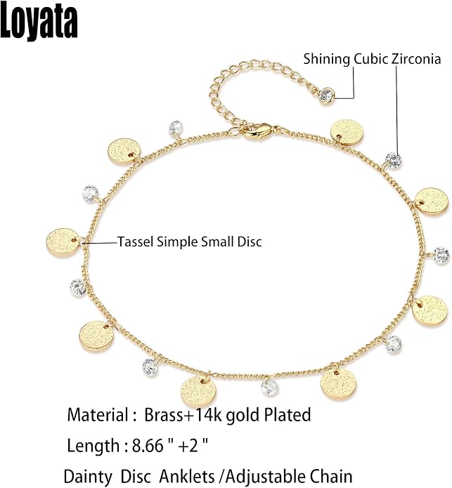 LOYATA Dainty Ankle Bracelet,14K Gold Plated Tiny Bead Anklet Dainty White Cubic Zirconia Cross Tassel Foot Chain Cute Lucky Moon Evil Eye Foot Jewelry Boho Anklets for Women